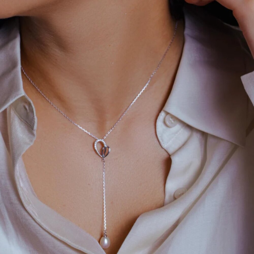 Sterling Silver 925 Rhodium Plated CZ Open Heart Fresh Water Pearl Dangling Set